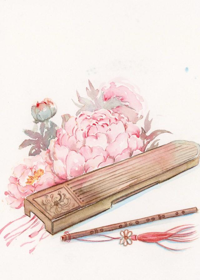 墨弦琴韵 水彩古风古筝插画的艺术之美
